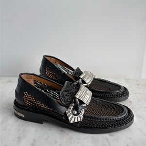 Black Mesh Loafers with Silver Buckle